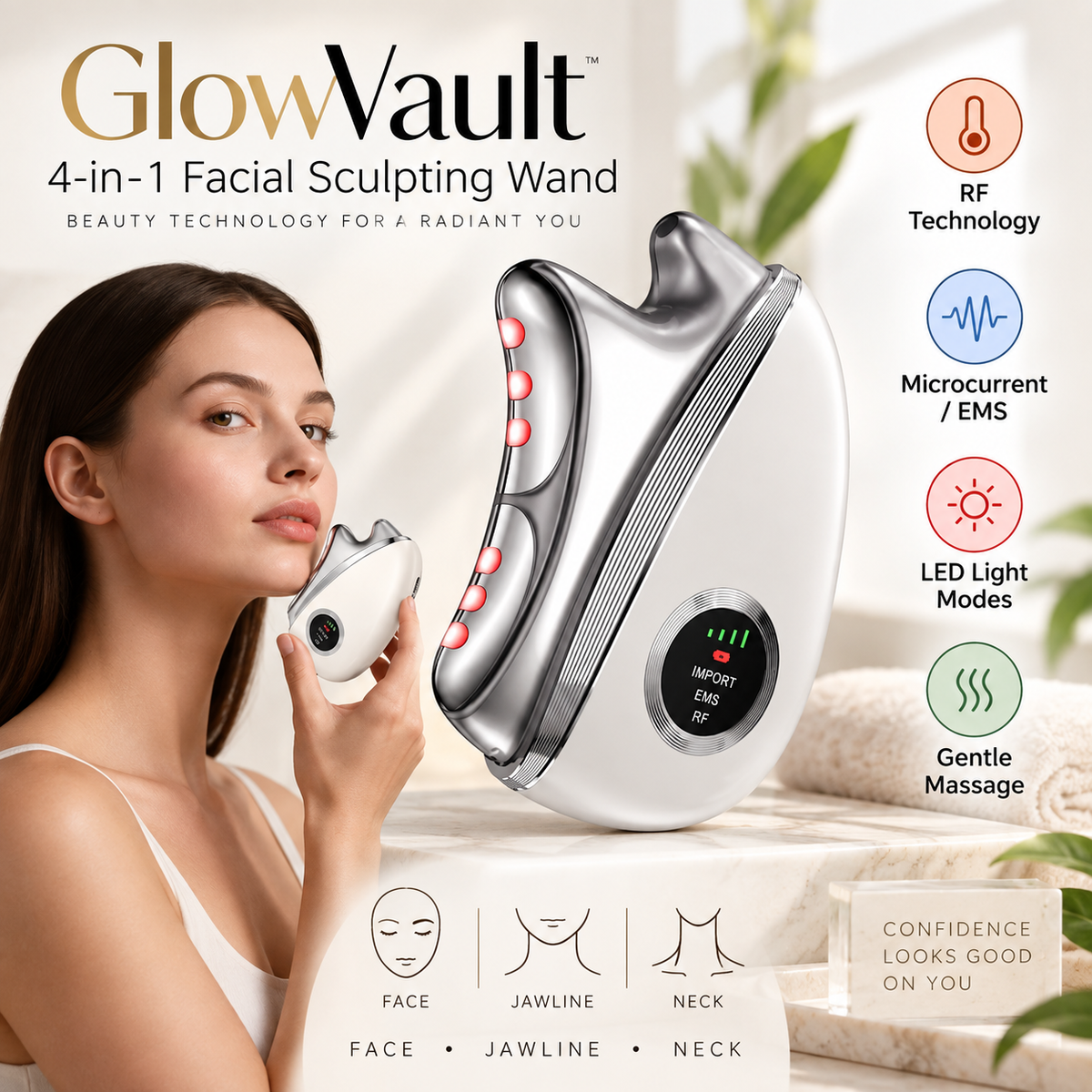 GlowVault 4-in-1 RF, LED & Microcurrent Facial Sculpting Wand